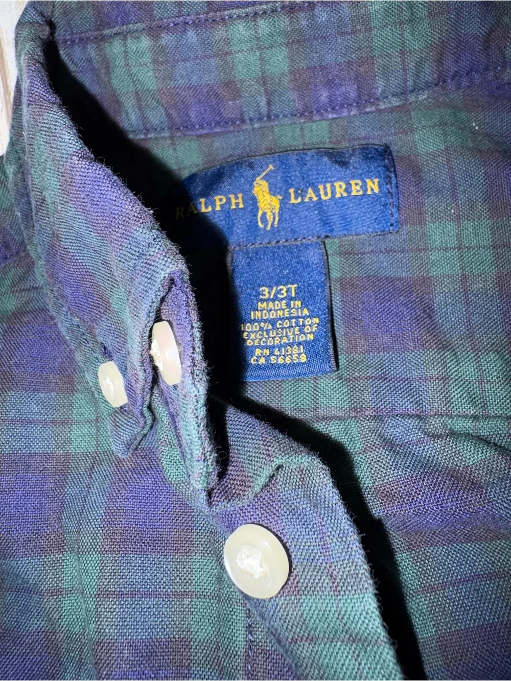 Ralph Lauren Green & Navy Plaid Button-Down Shirt with Red Logo